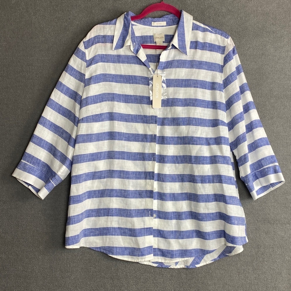 Chico’s Effortless Linen 3/4 sleeve Stripe Button Down Shirt clay blue size 3